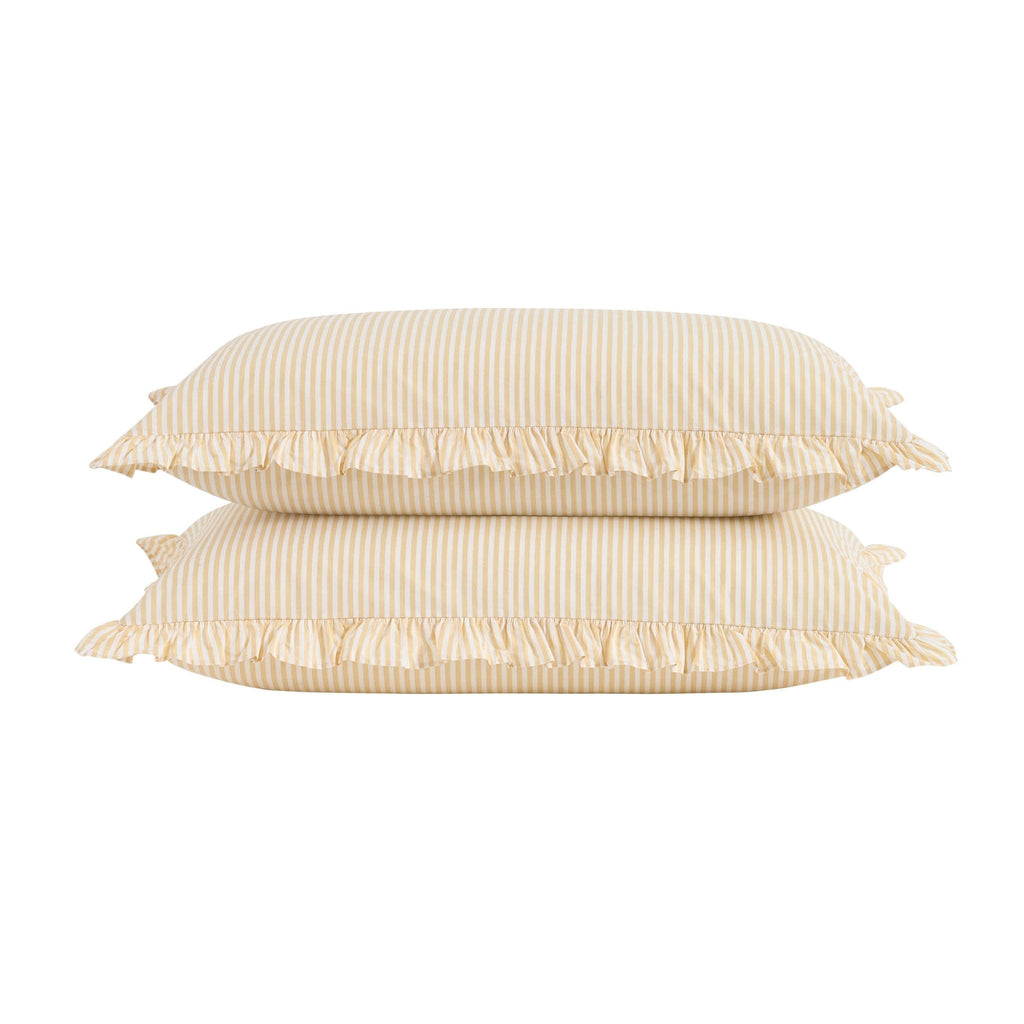 Dusklia - Remy 200 Thread Count Shirting Stripe Print Ruffle Edge Duvet Cover Set - Buttermilk