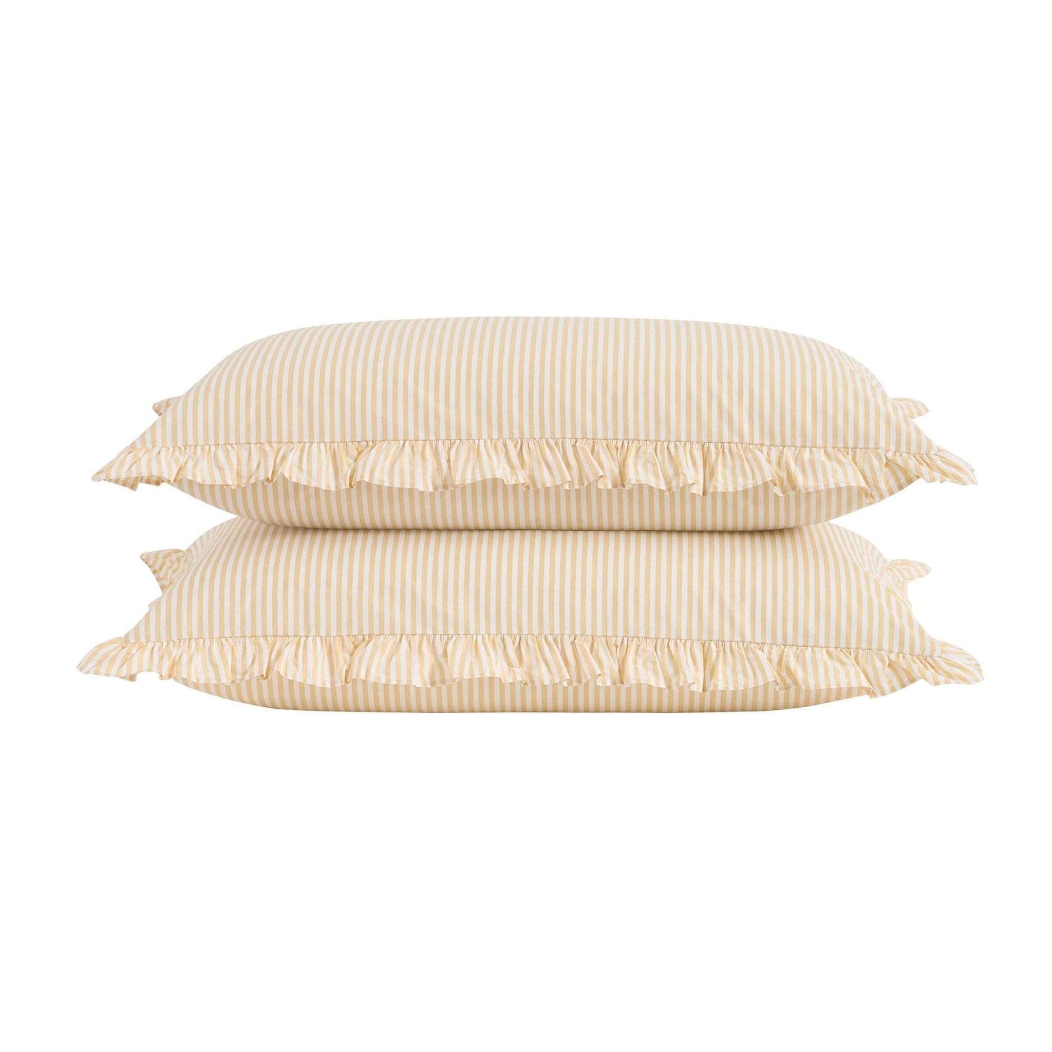 Dusklia - Remy 200 Thread Count Shirting Stripe Print Ruffle Edge Duvet Cover Set - Buttermilk