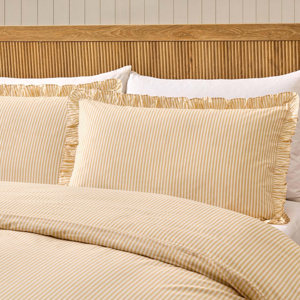 Dusklia - Remy 200 Thread Count Shirting Stripe Print Ruffle Edge Duvet Cover Set - Buttermilk
