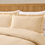 Dusklia - Remy 200 Thread Count Shirting Stripe Print Ruffle Edge Duvet Cover Set - Buttermilk