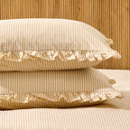 Dusklia - Remy 200 Thread Count Shirting Stripe Print Ruffle Edge Duvet Cover Set - Buttermilk