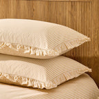 Dusklia - Remy 200 Thread Count Shirting Stripe Print Ruffle Edge Duvet Cover Set - Buttermilk