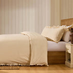 Dusklia - Remy 200 Thread Count Shirting Stripe Print Ruffle Edge Duvet Cover Set - Buttermilk