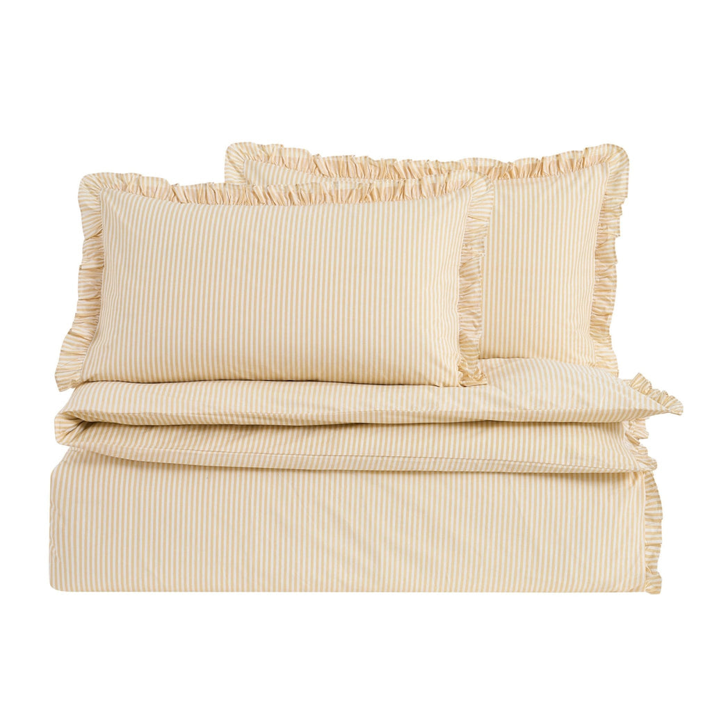 Dusklia - Remy 200 Thread Count Shirting Stripe Print Ruffle Edge Duvet Cover Set - Buttermilk