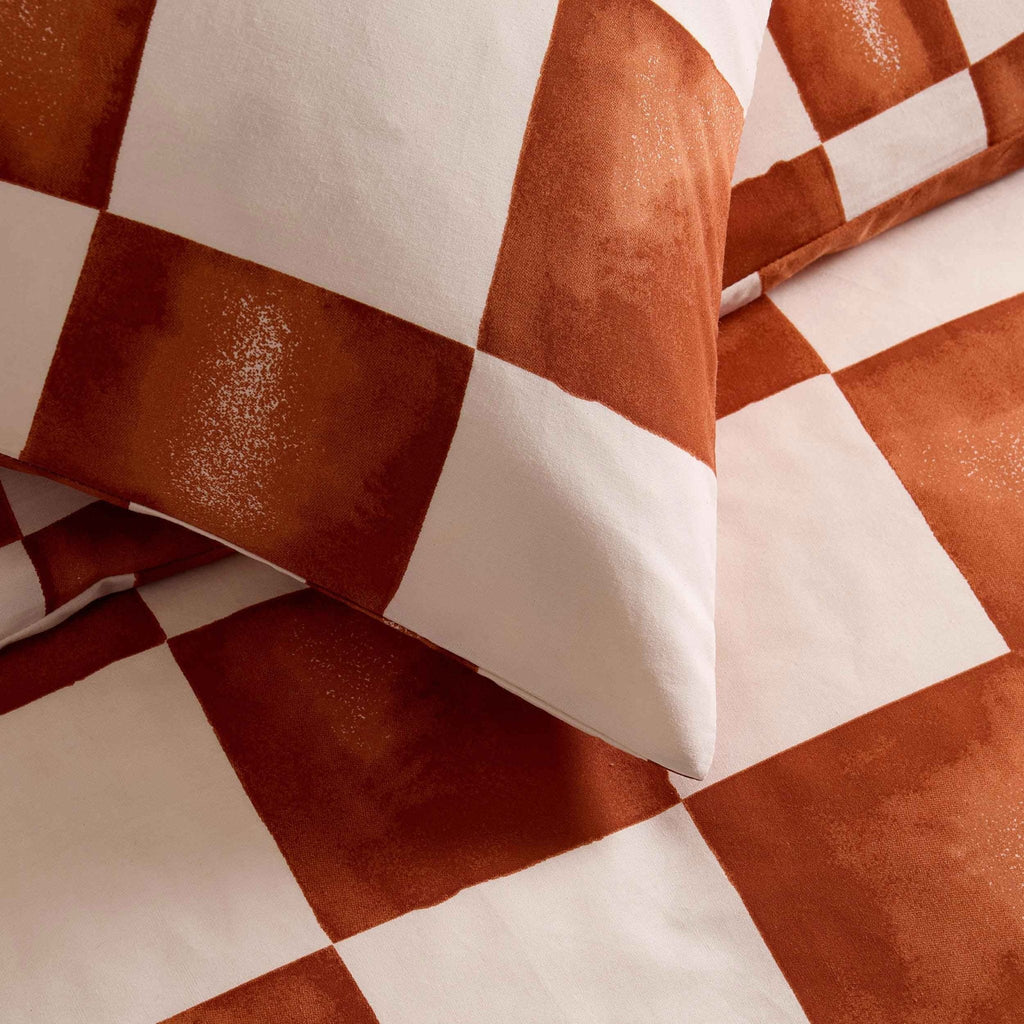 Dusklia - Retro Checkerboard 100% Cotton Reversible Duvet Cover & Pillowcase Set - Burnt Orange