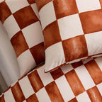 Dusklia - Retro Checkerboard 100% Cotton Reversible Duvet Cover & Pillowcase Set - Burnt Orange