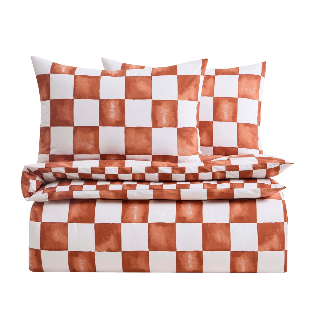 Dusklia - Retro Checkerboard 100% Cotton Reversible Duvet Cover & Pillowcase Set - Burnt Orange