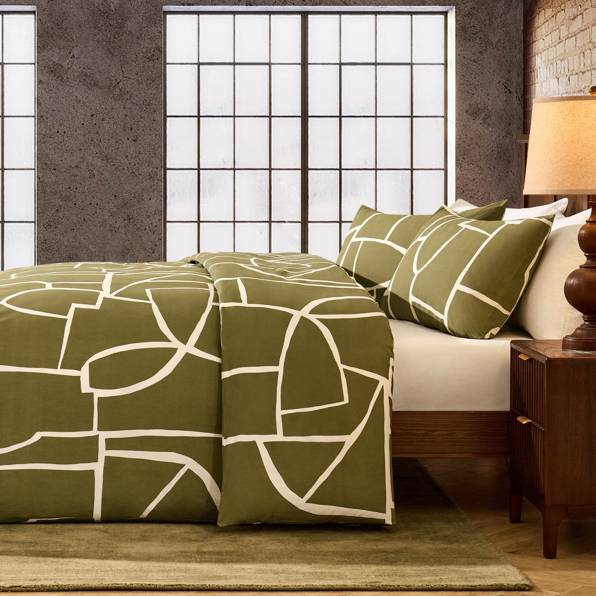 Dusklia - Reuben 100% Cotton Tile Print Duvet Cover & Pillowcase Set - Olive