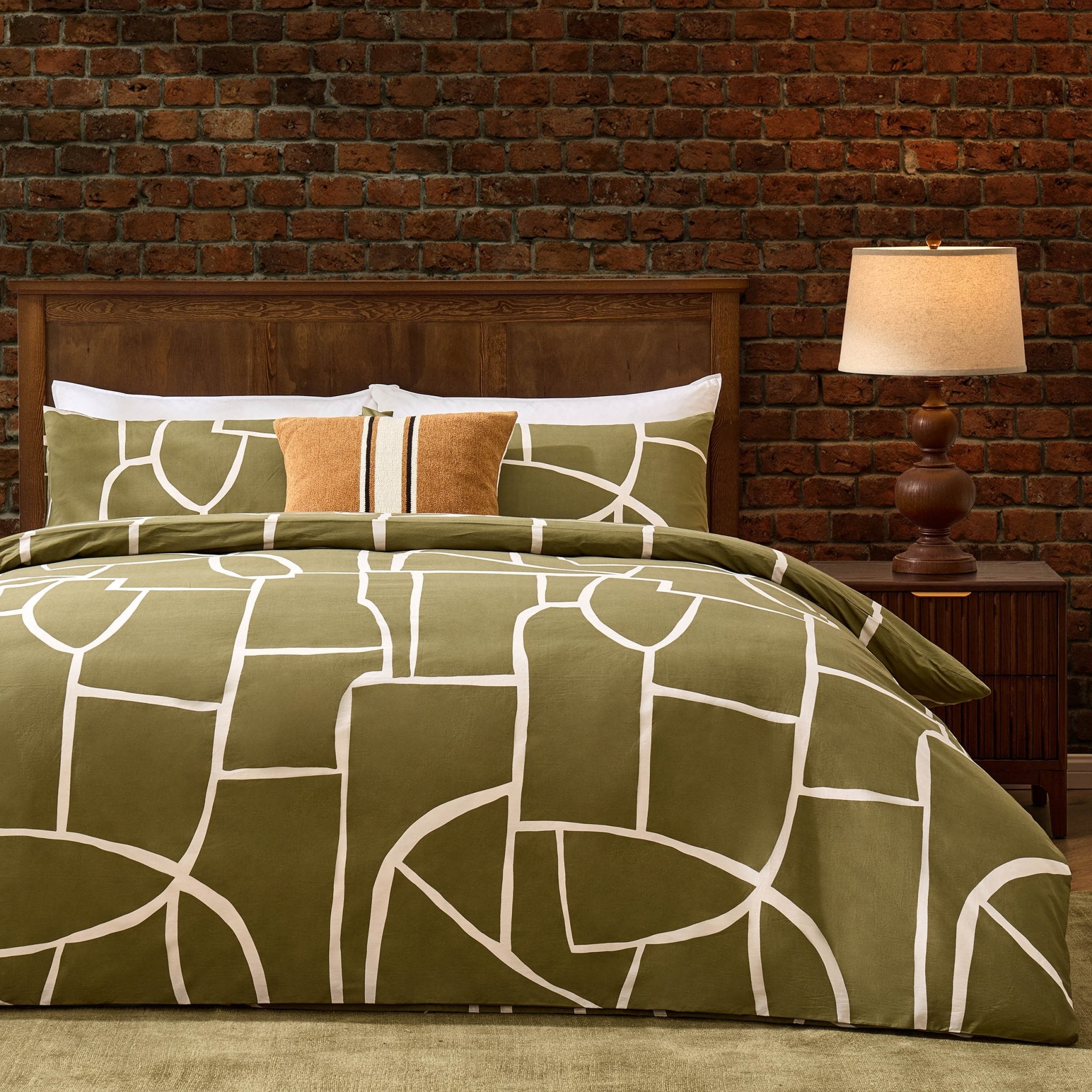 Dusklia - Reuben 100% Cotton Tile Print Duvet Cover & Pillowcase Set - Olive