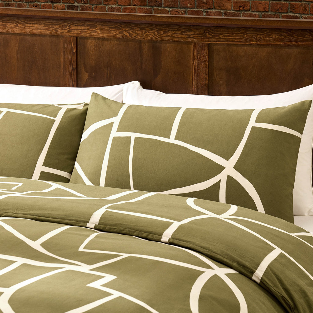Dusklia - Reuben 100% Cotton Tile Print Duvet Cover & Pillowcase Set - Olive