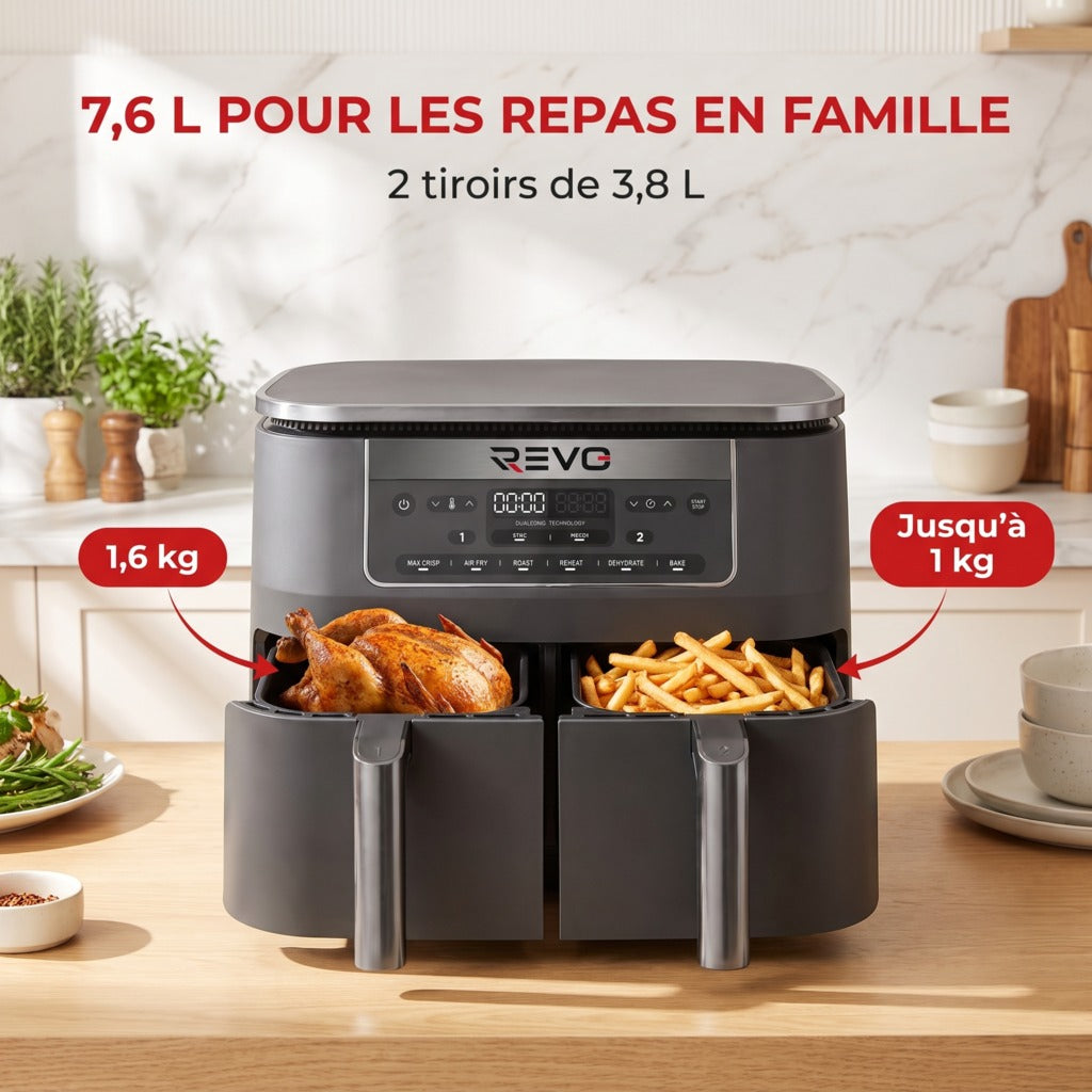 Air Fryer REVO Synora 7.6 – Double Zone 7,6 L – 6 Modes – Cuisson Synchronisée