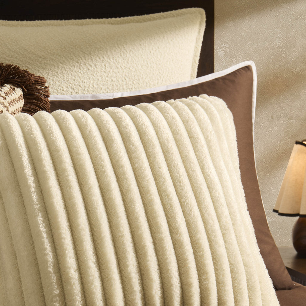 Housse de coussin en flanelle côtelée et fausse fourrure - Crème