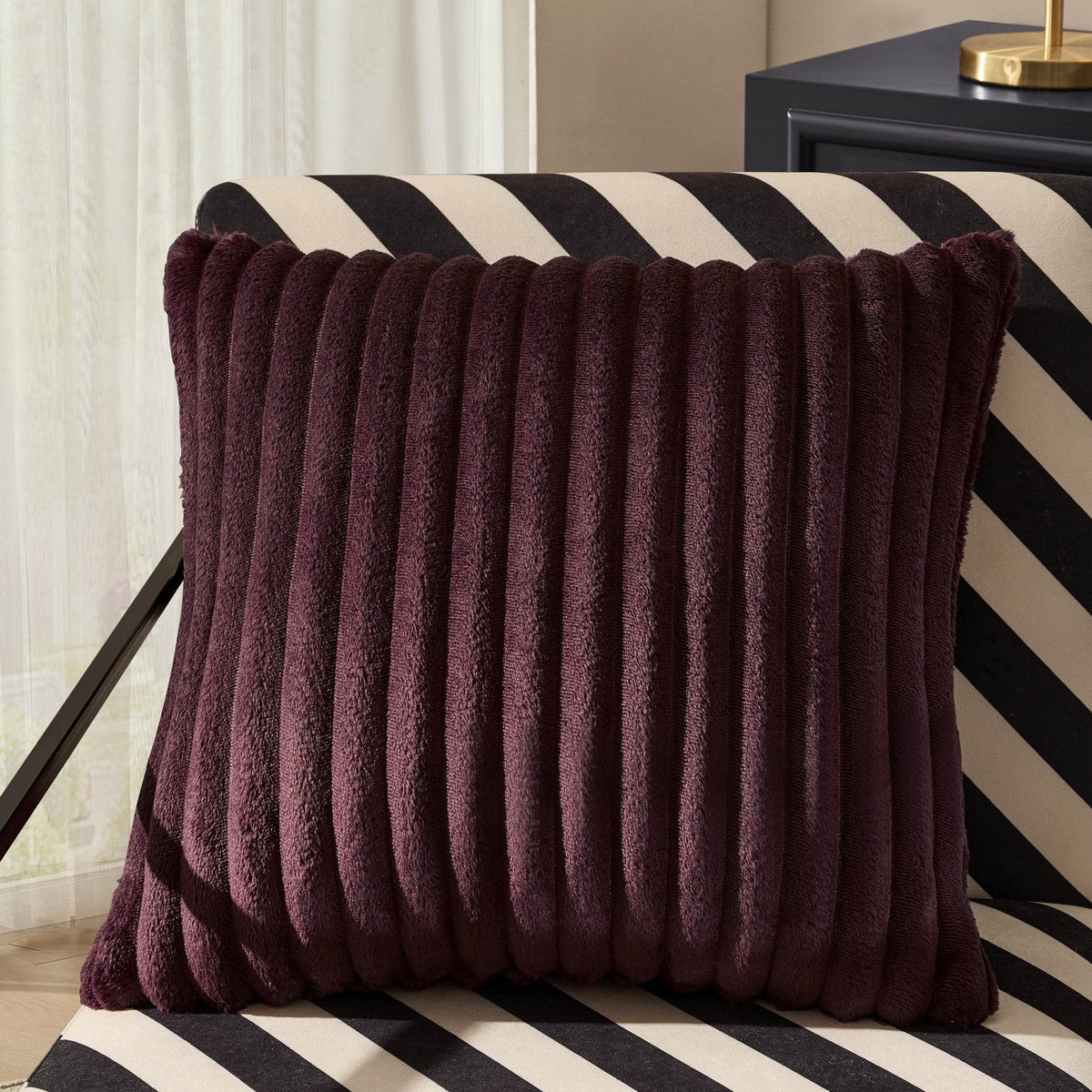 Dusklia - Ribbed Flannel Faux Fur Sofa Cushion Cover - Aubergine