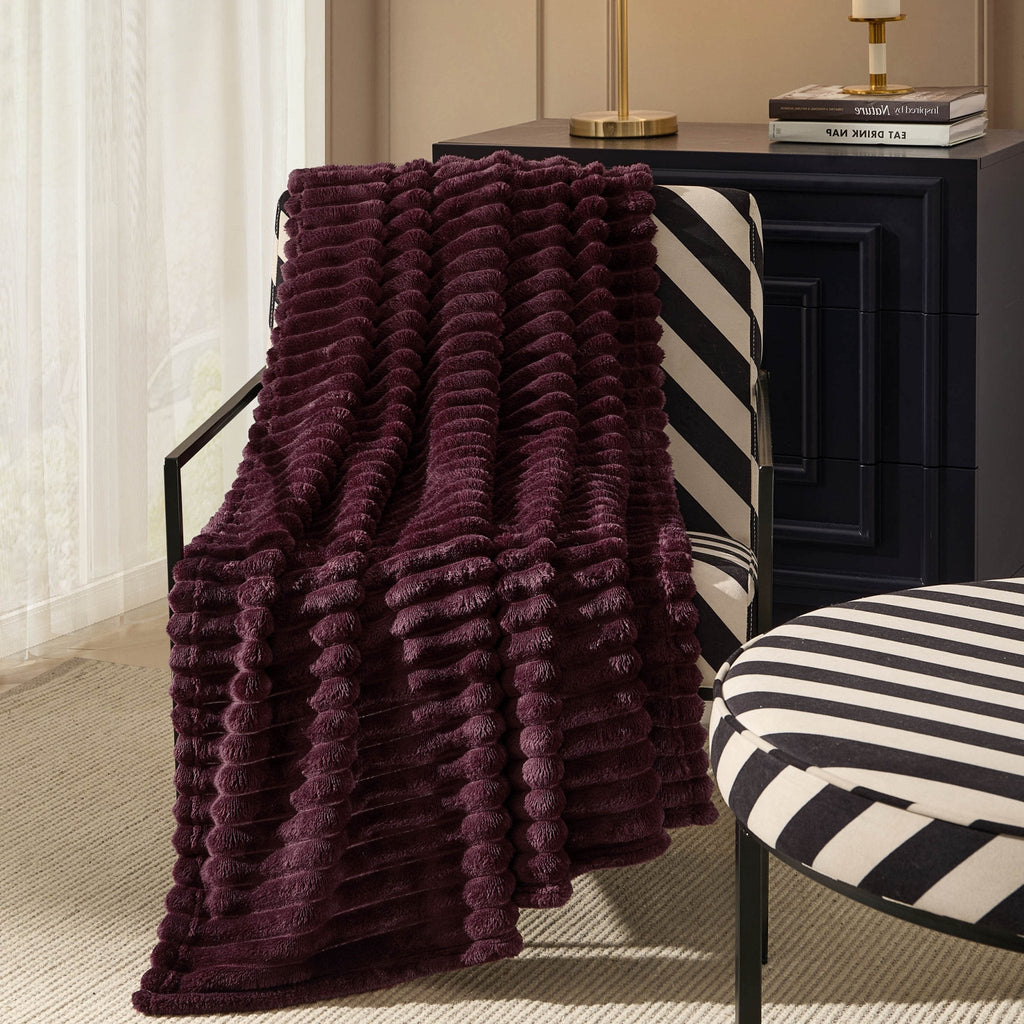 Dusklia - Ribbed Flannel Faux Fur Sofa Throw - Aubergine