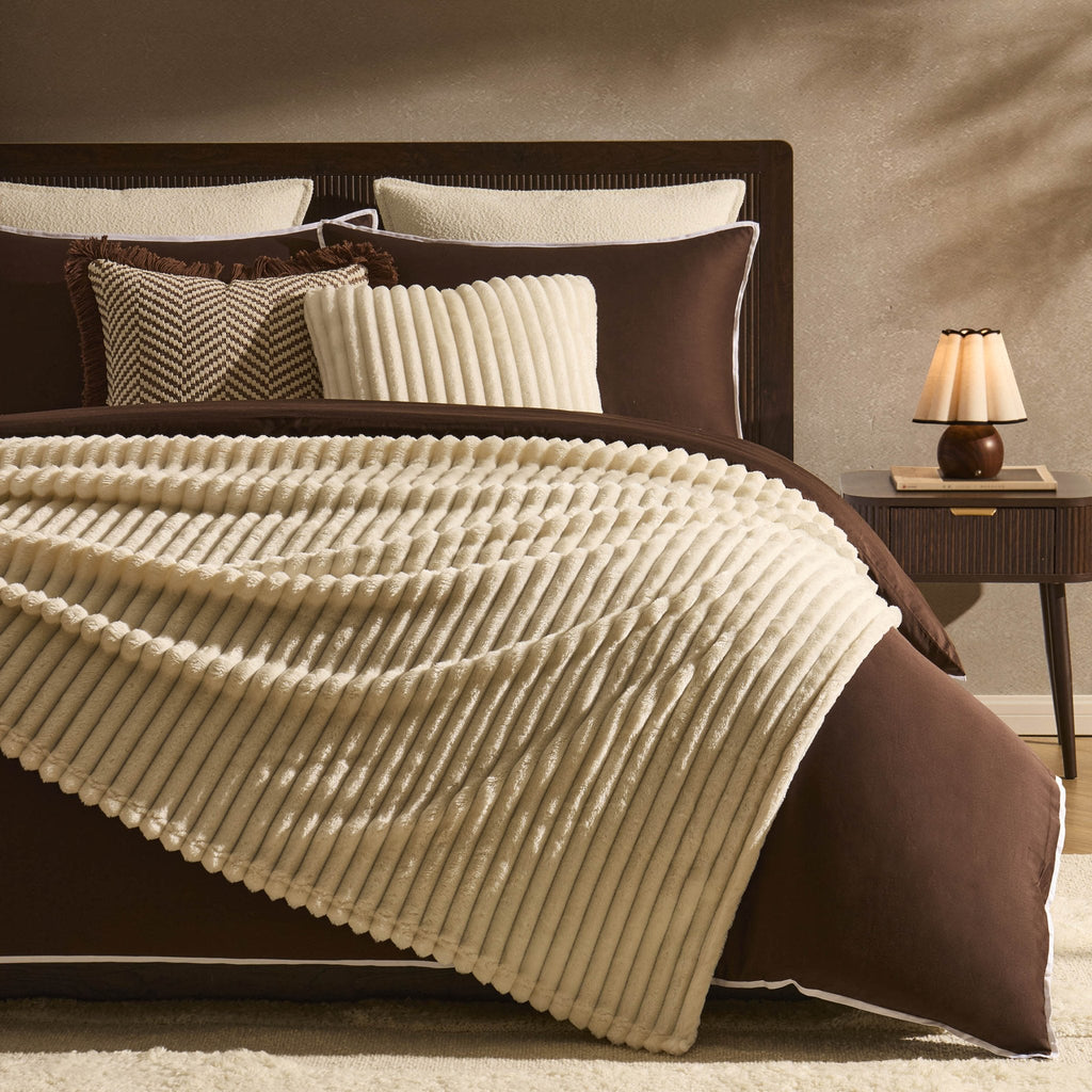 Plaid côtelé en flanelle fausse fourrure - Crème
