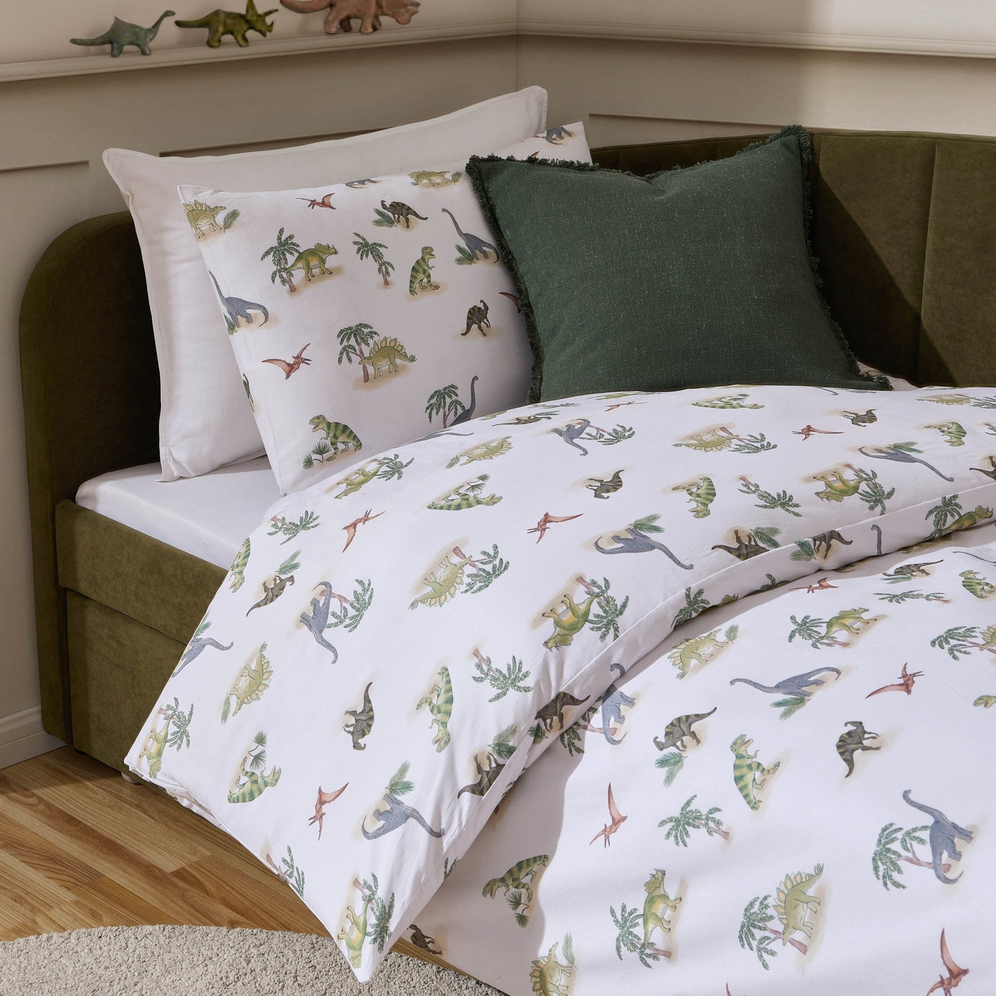 Dusklia - Riley 100% Cotton Dino Print Duvet Cover Set - Green