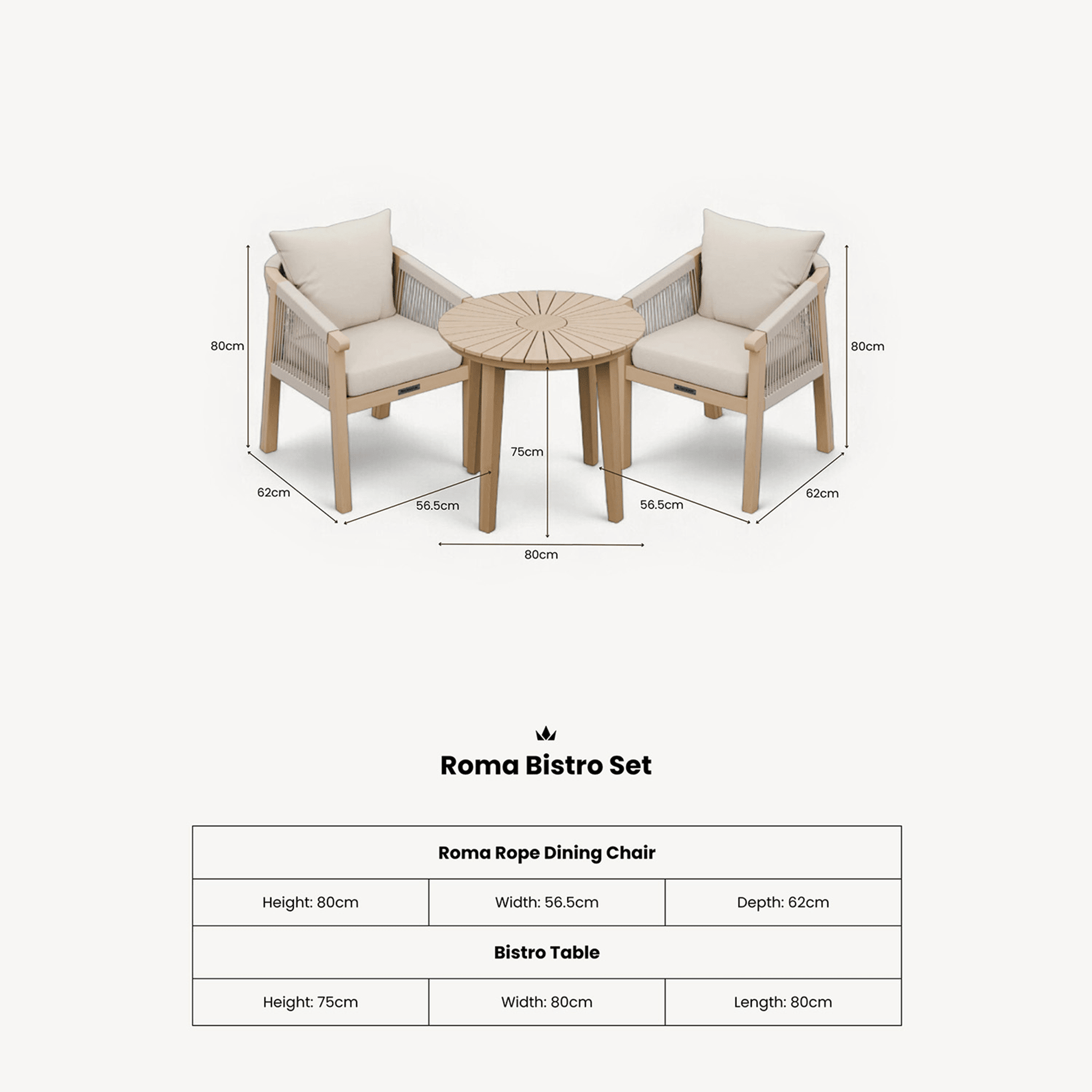 Dusklia - Roma Outdoor 2 Seater Round Bistro Table and Dining Chairs - Beige