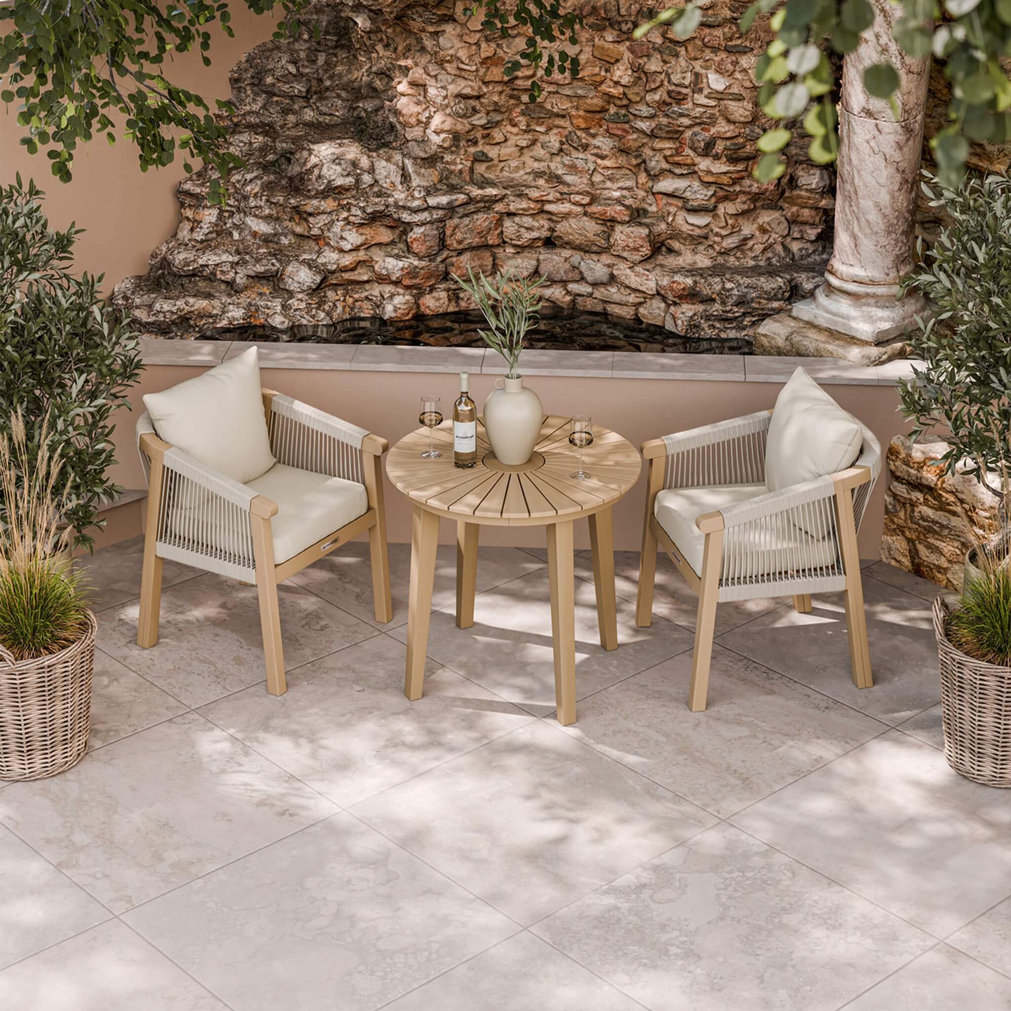 Dusklia - Roma Outdoor 2 Seater Round Bistro Table and Dining Chairs - Beige
