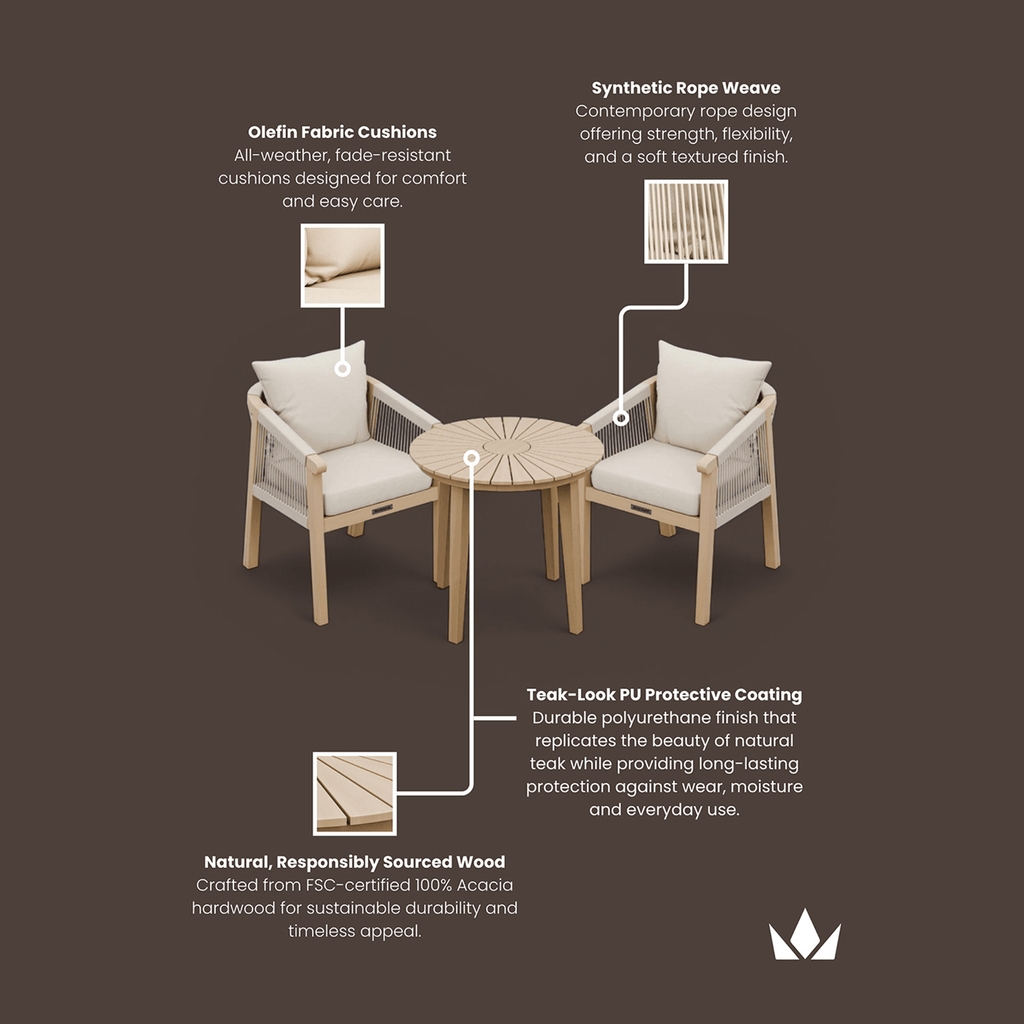 Dusklia - Roma Outdoor 2 Seater Round Bistro Table and Dining Chairs - Beige