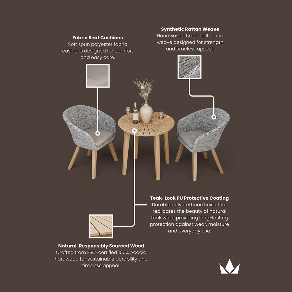 Dusklia - Roma Outdoor 2 Seater Round Bistro Table and Sol Dining Chairs - Beige