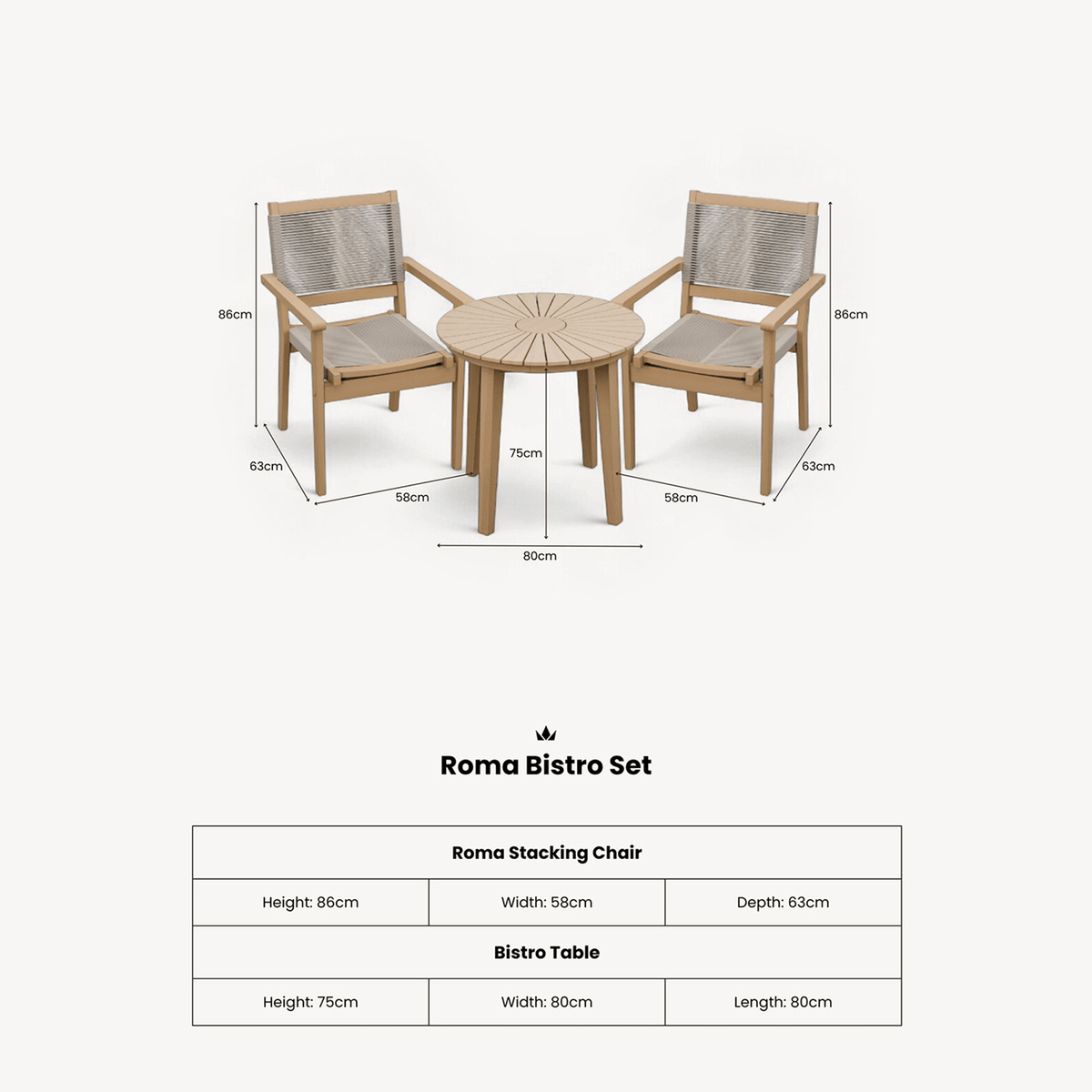 Dusklia - Roma Outdoor 2 Seater Round Bistro Table and Stacking Chairs - Beige