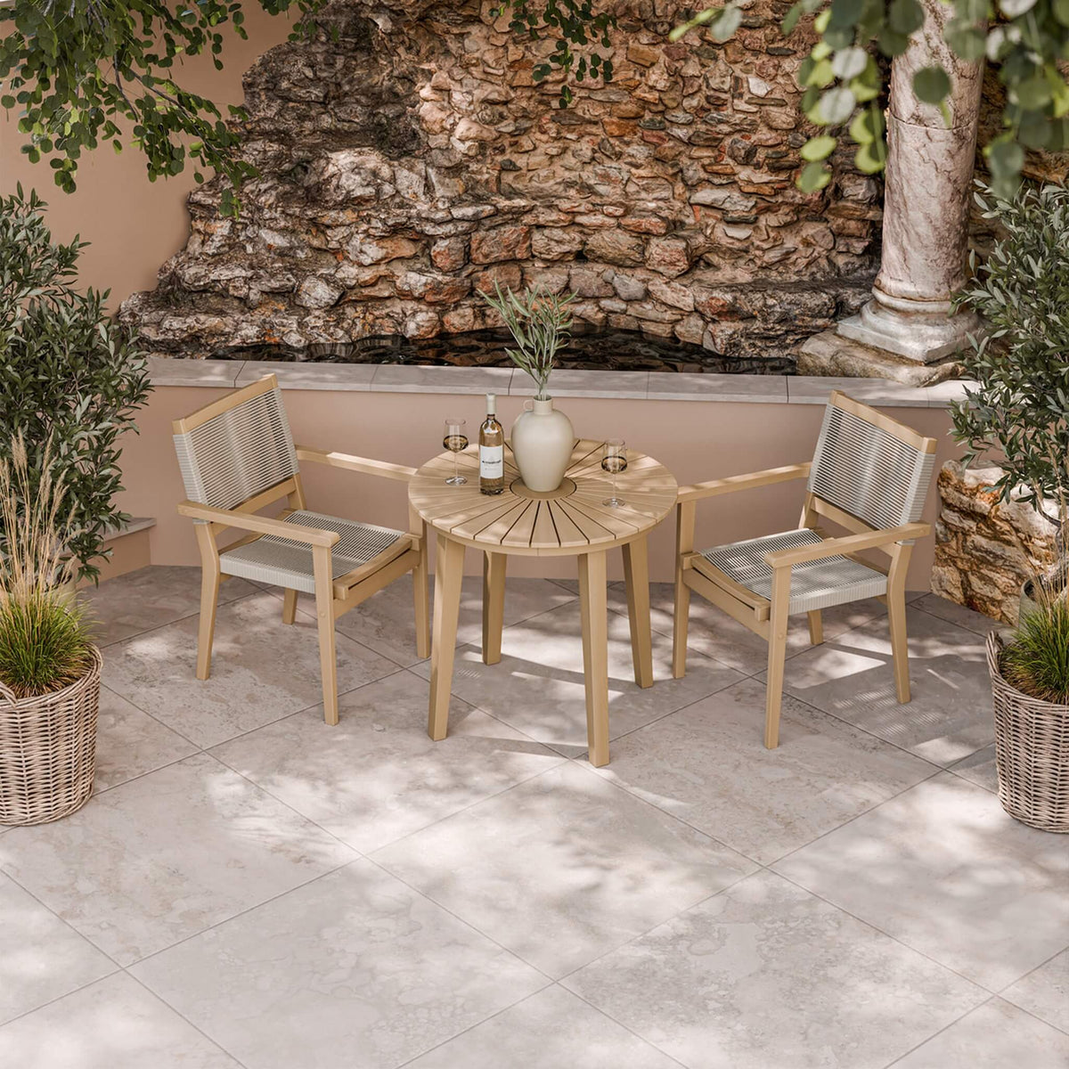 Dusklia - Roma Outdoor 2 Seater Round Bistro Table and Stacking Chairs - Beige
