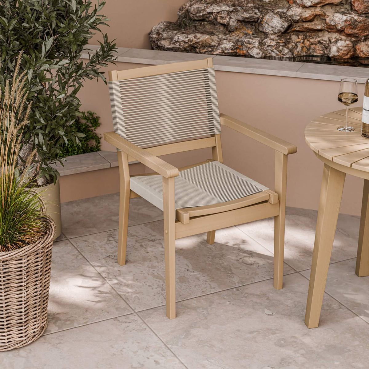 Dusklia - Roma Outdoor 2 Seater Round Bistro Table and Stacking Chairs - Beige