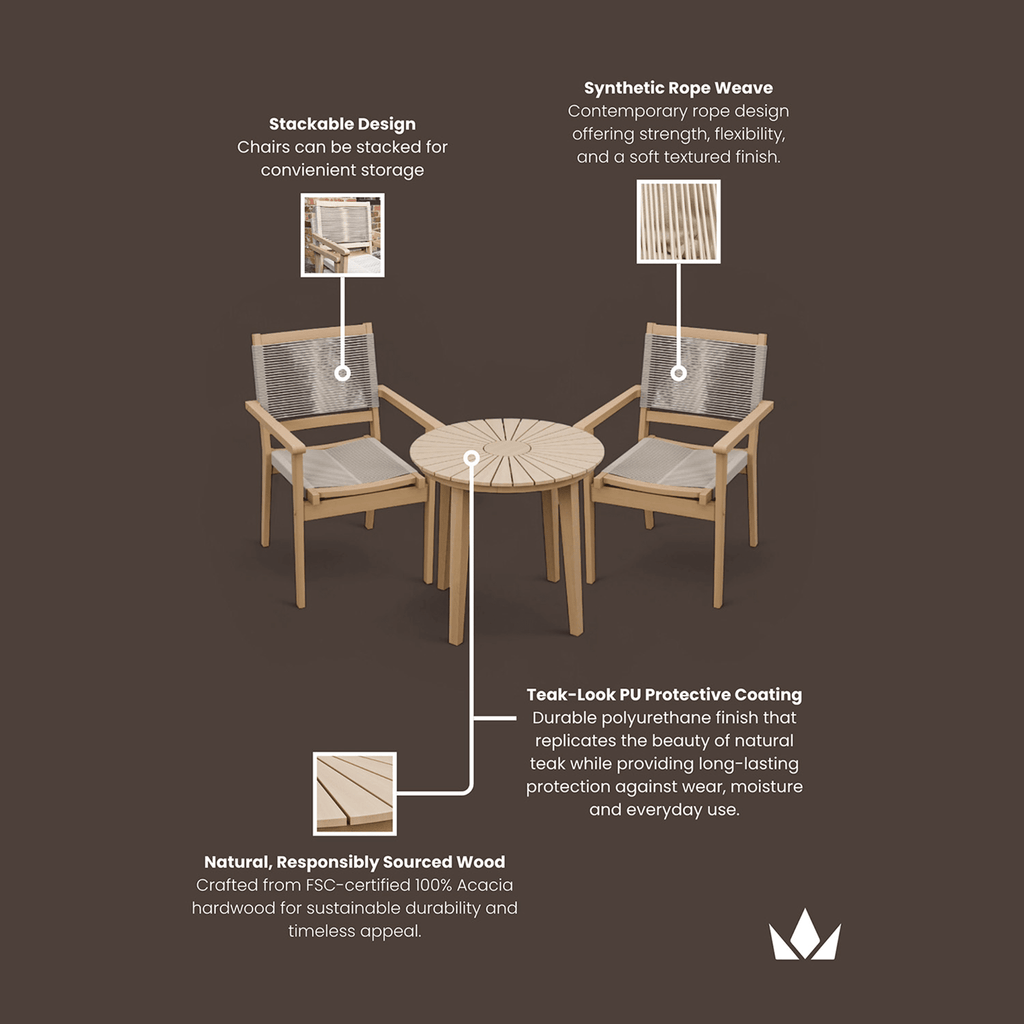 Dusklia - Roma Outdoor 2 Seater Round Bistro Table and Stacking Chairs - Beige