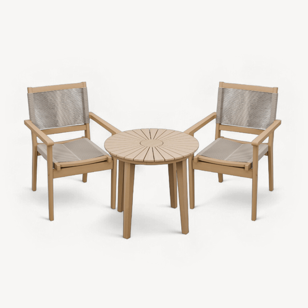 Dusklia - Roma Outdoor 2 Seater Round Bistro Table and Stacking Chairs - Beige