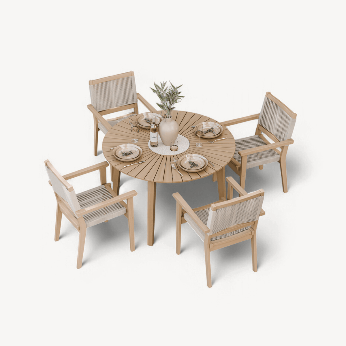 Dusklia - Roma Outdoor 4 Seater Round Dining Table and Stacking Chairs - Beige