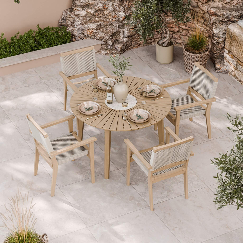Dusklia - Roma Outdoor 4 Seater Round Dining Table and Stacking Chairs - Beige