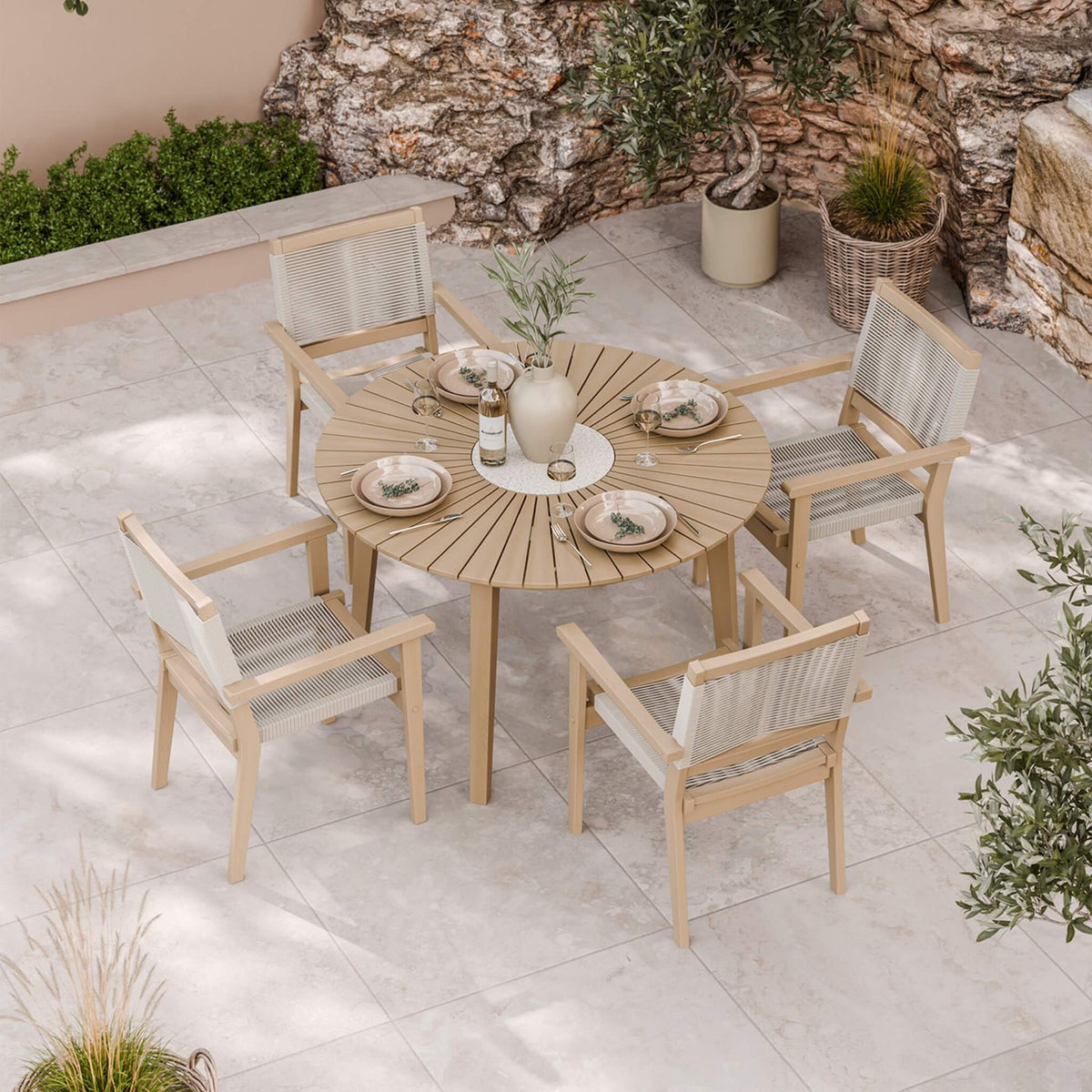Dusklia - Roma Outdoor 4 Seater Round Dining Table and Stacking Chairs - Beige