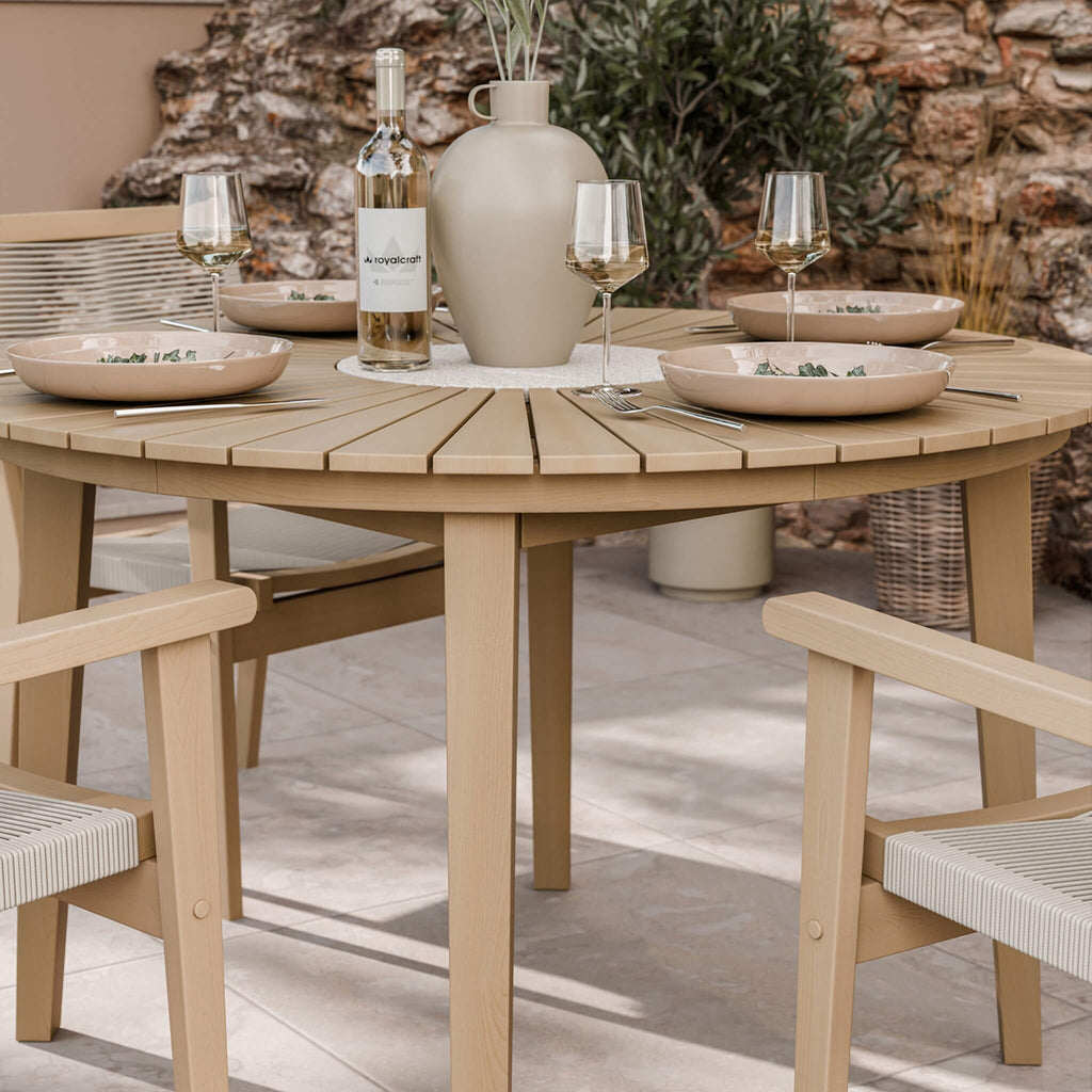 Dusklia - Roma Outdoor 4 Seater Round Dining Table and Stacking Chairs - Beige
