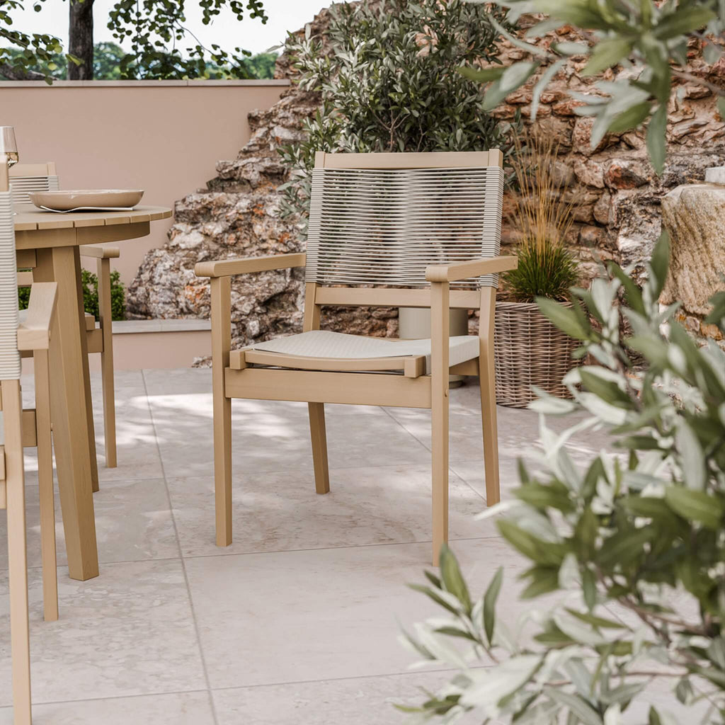 Dusklia - Roma Outdoor 4 Seater Round Dining Table and Stacking Chairs - Beige