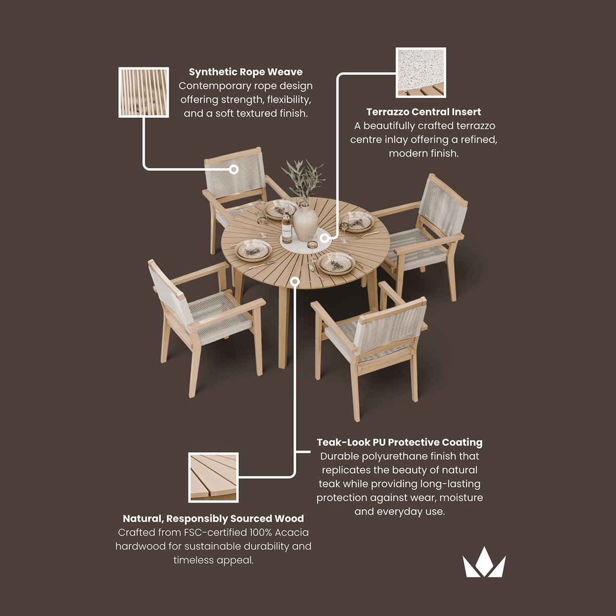 Dusklia - Roma Outdoor 4 Seater Round Dining Table and Stacking Chairs - Beige