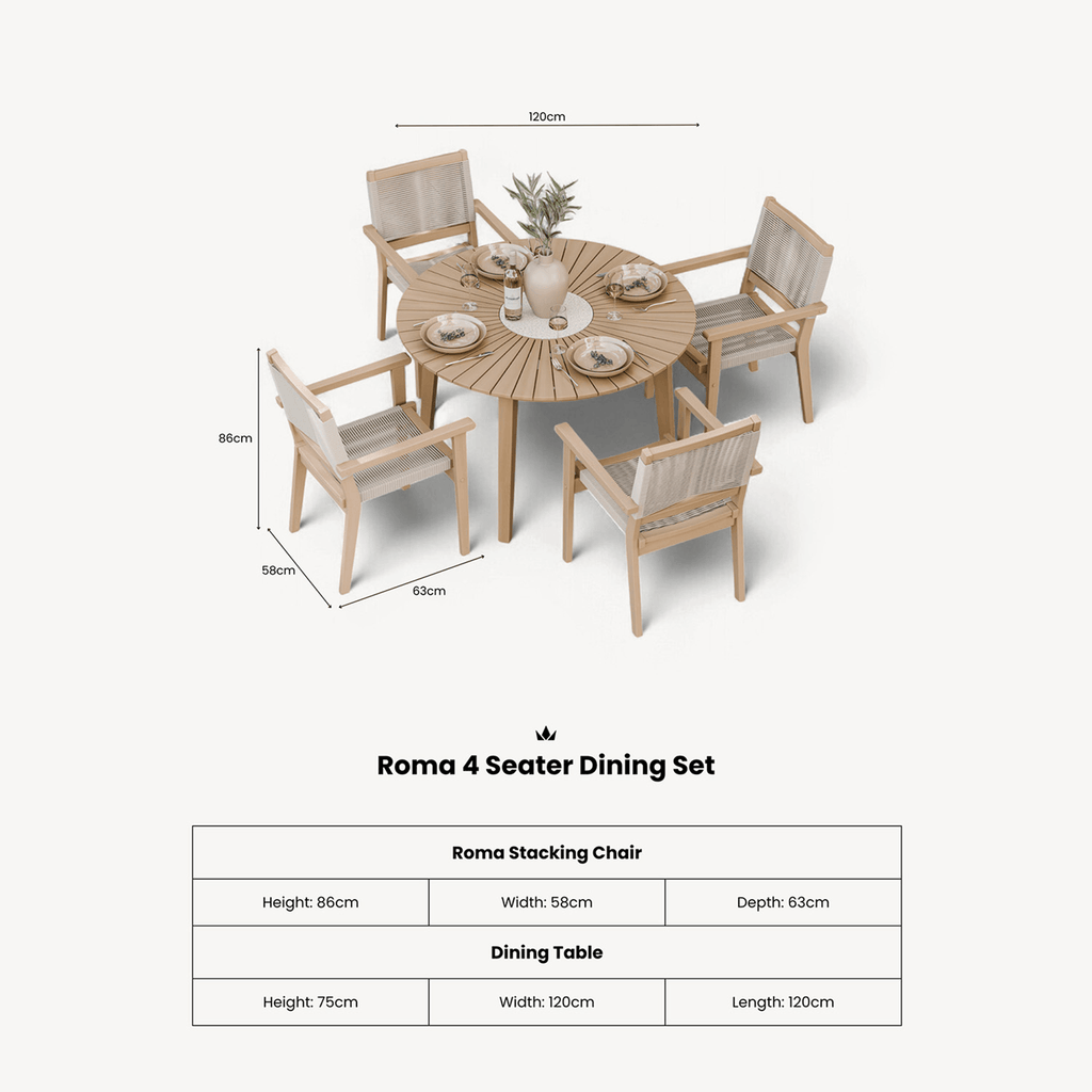 Dusklia - Roma Outdoor 4 Seater Round Dining Table and Stacking Chairs - Beige