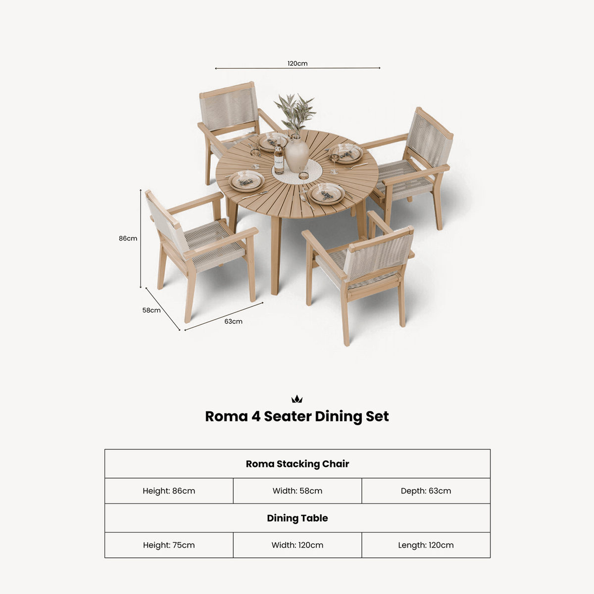 Dusklia - Roma Outdoor 4 Seater Round Dining Table and Stacking Chairs - Beige