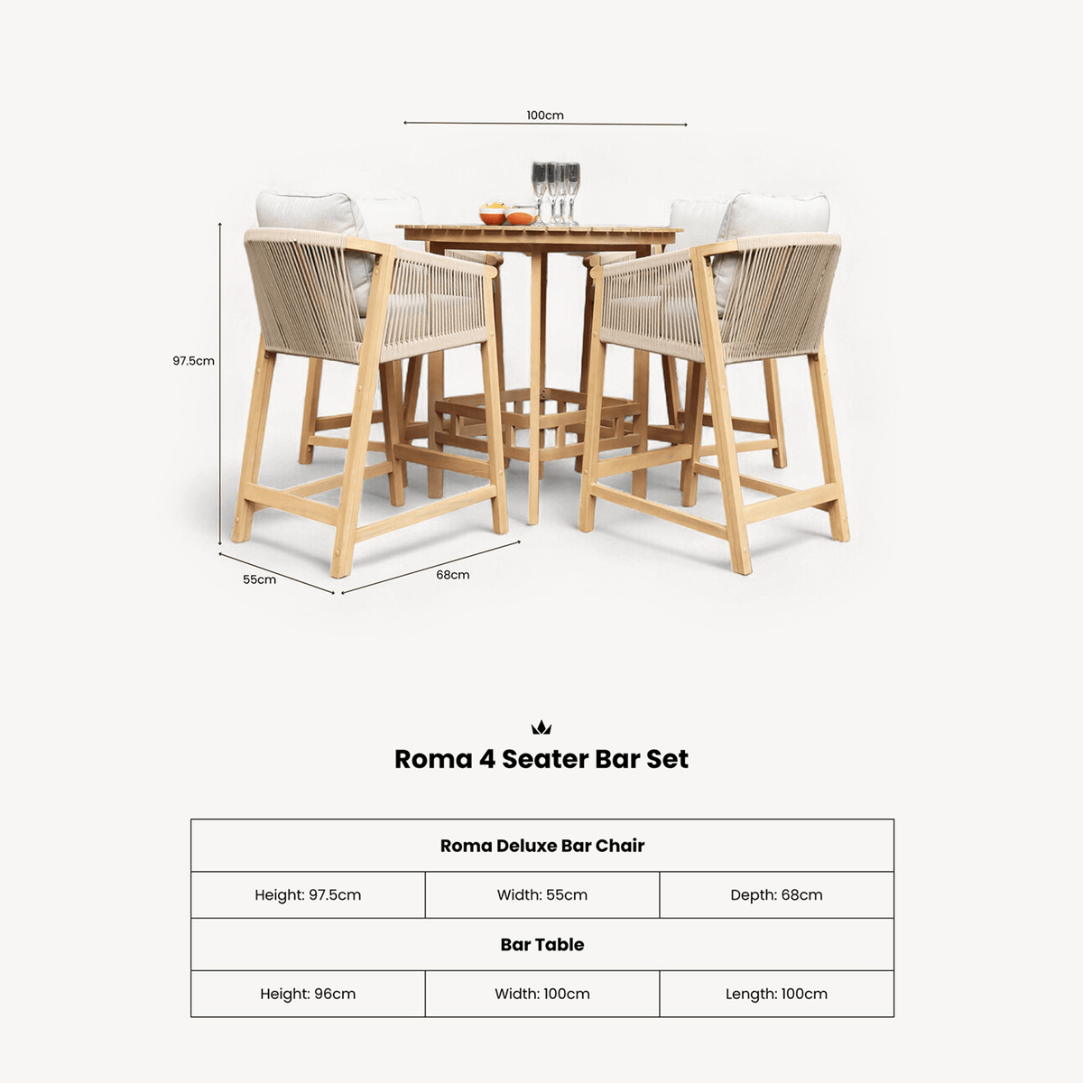 Dusklia - Roma Outdoor 4 Seater Round High Bar Table and Deluxe Barstools - Beige
