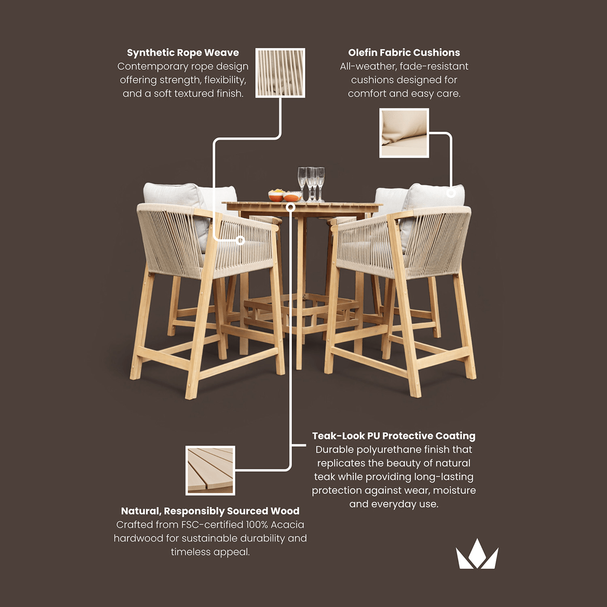 Dusklia - Roma Outdoor 4 Seater Round High Bar Table and Deluxe Barstools - Beige