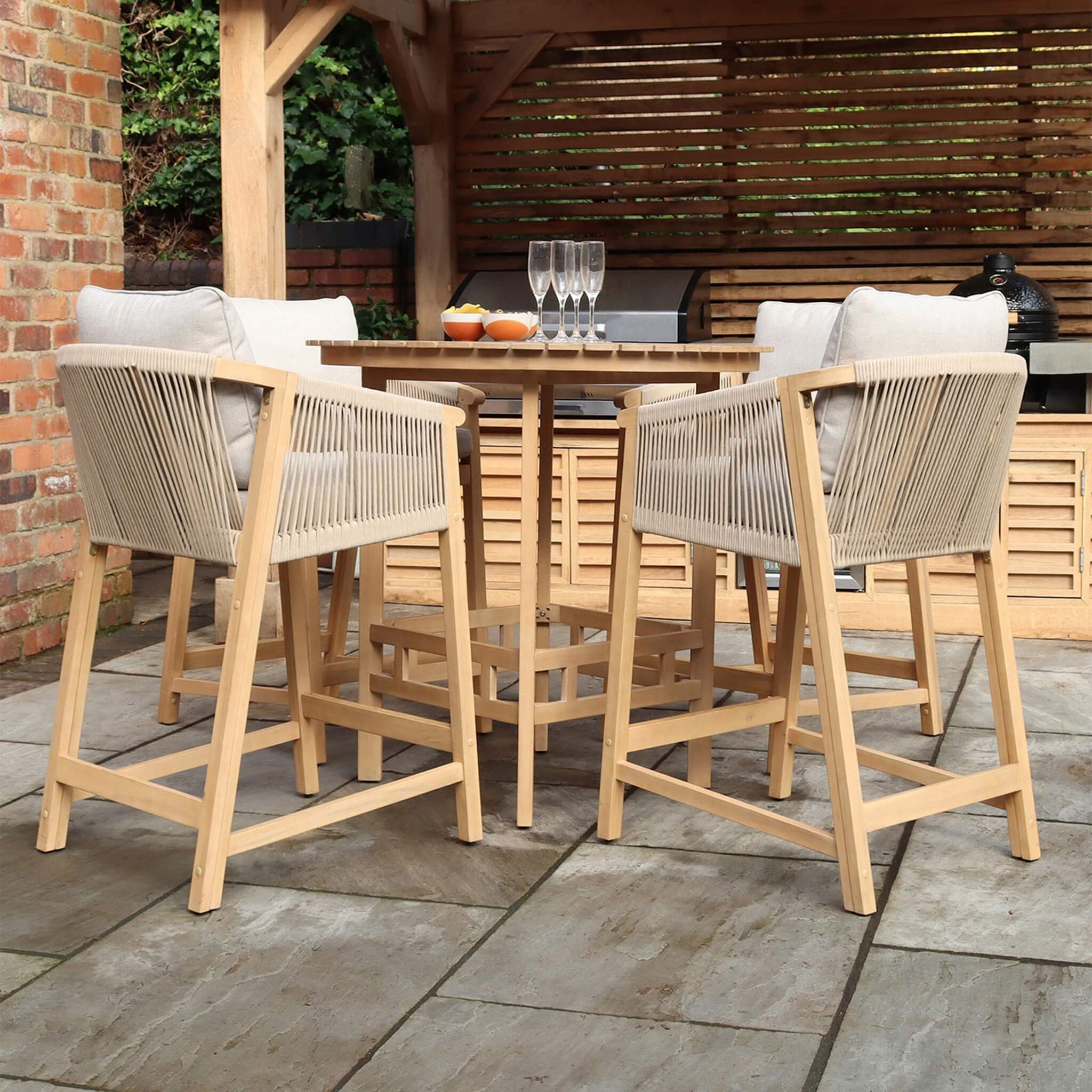Dusklia - Roma Outdoor 4 Seater Round High Bar Table and Deluxe Barstools - Beige