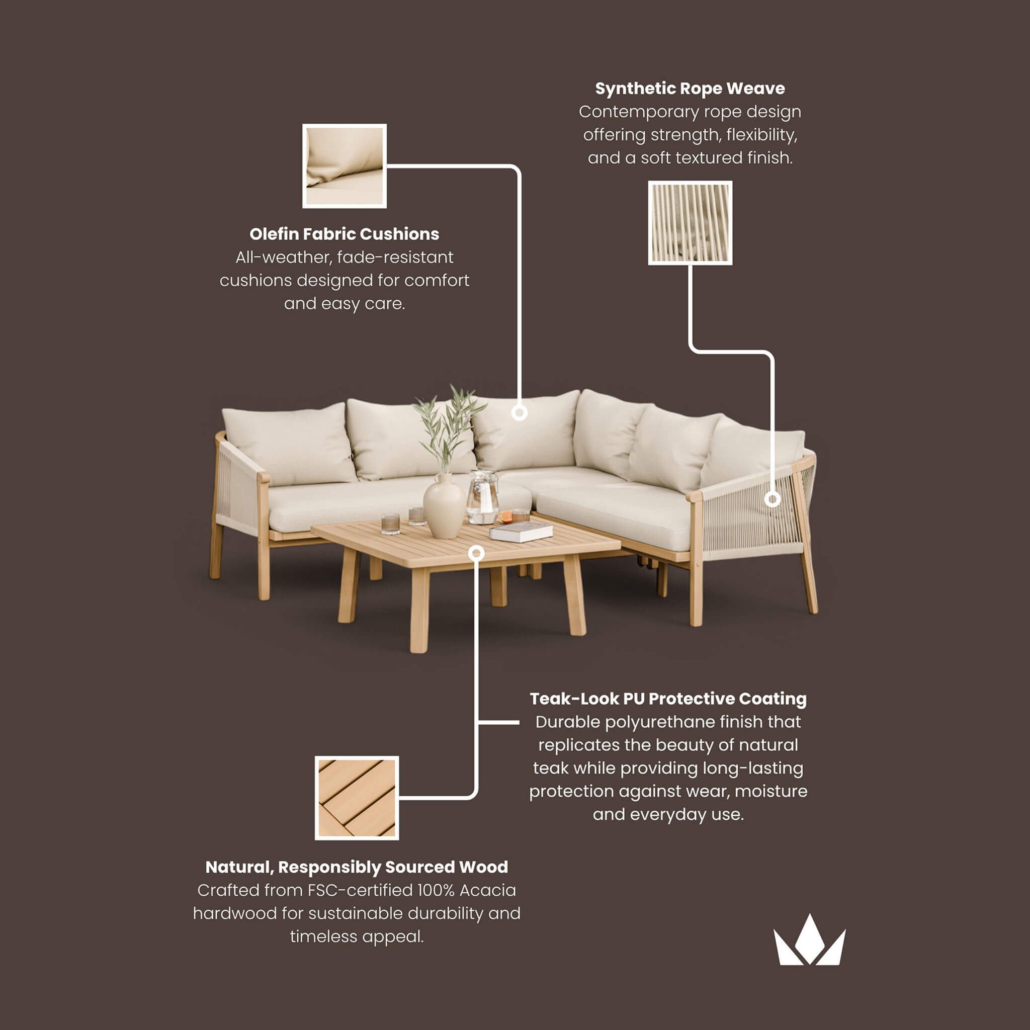 Dusklia - Roma Outdoor 5 Seater Corner Lounge Set with Coffee Table - Beige