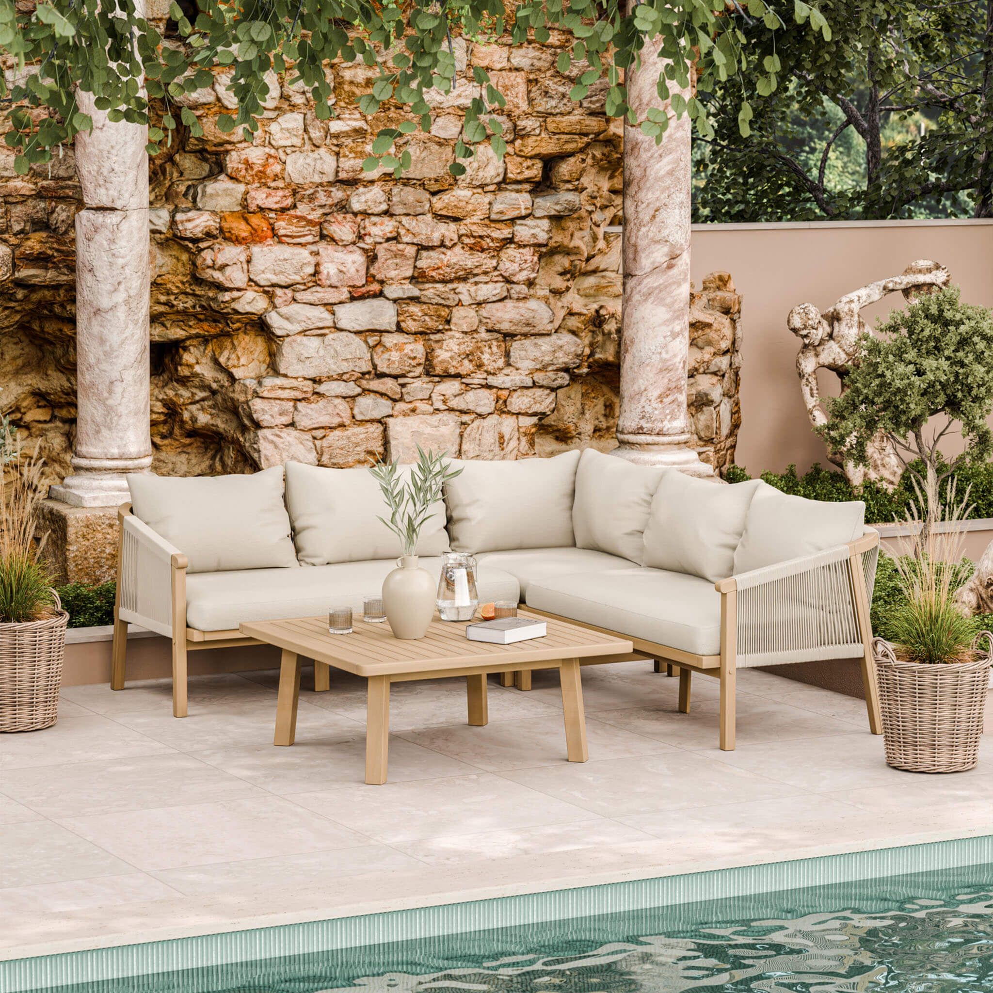 Dusklia - Roma Outdoor 5 Seater Corner Lounge Set with Coffee Table - Beige