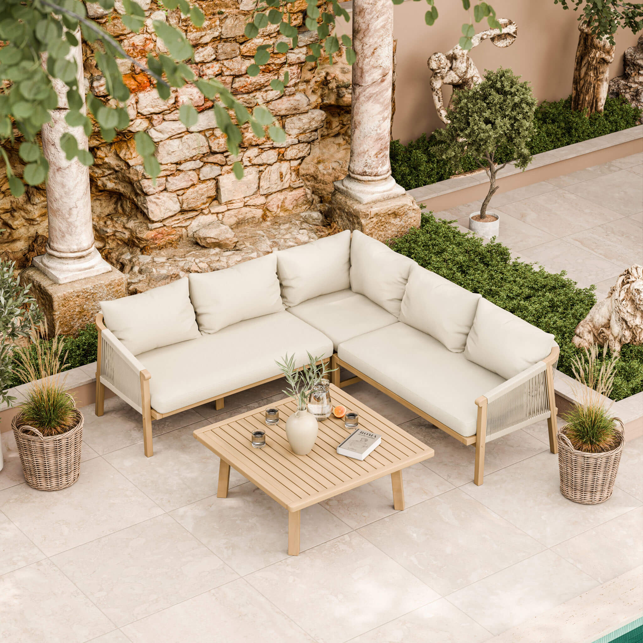 Dusklia - Roma Outdoor 5 Seater Corner Lounge Set with Coffee Table - Beige