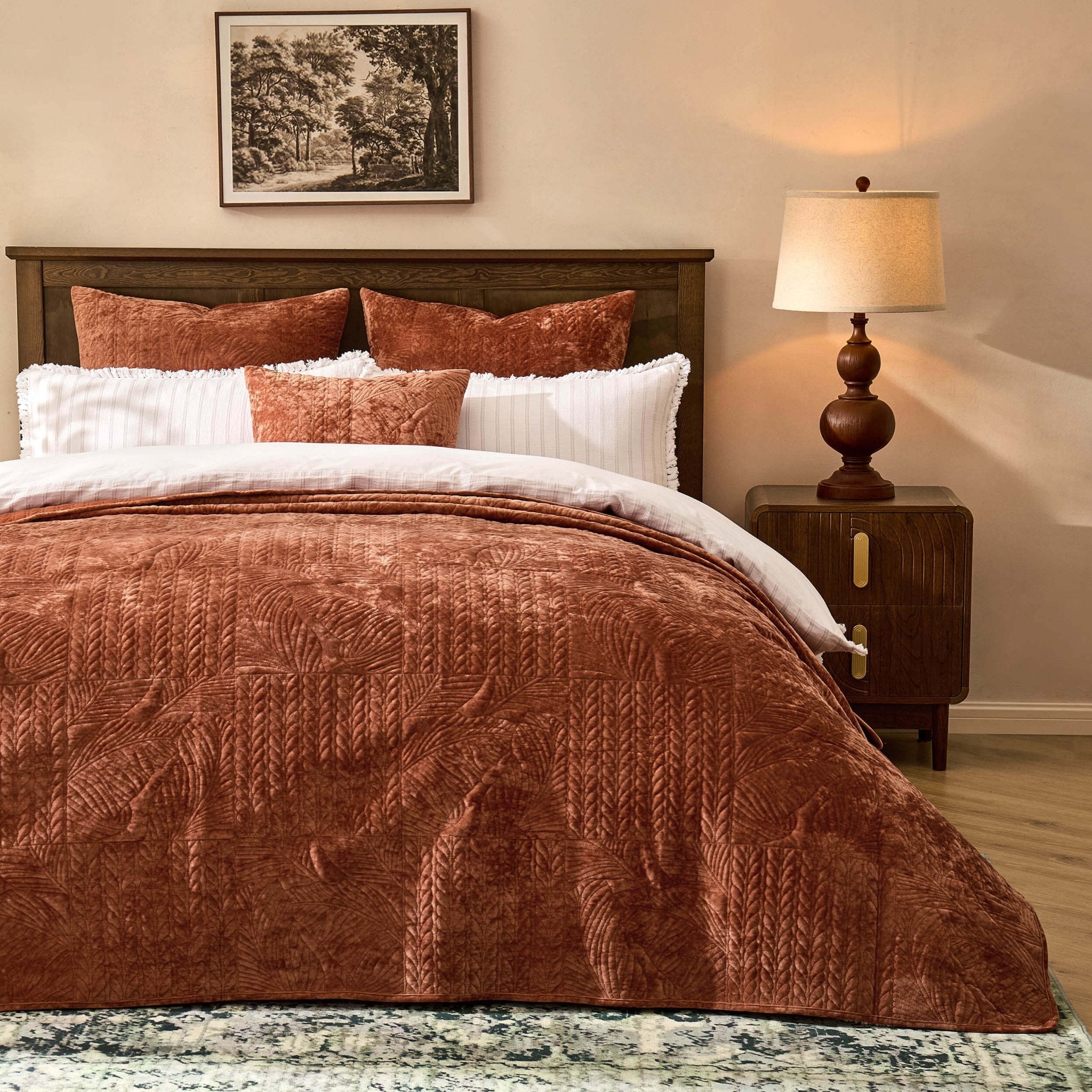 Dusklia - Rome Velvet Greek Matelasse Bedspread - Orange