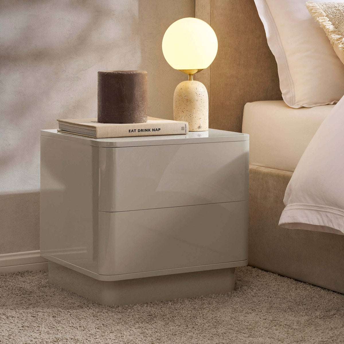Dusklia - Romilly High Gloss 2 Drawer Bedside Table - Taupe