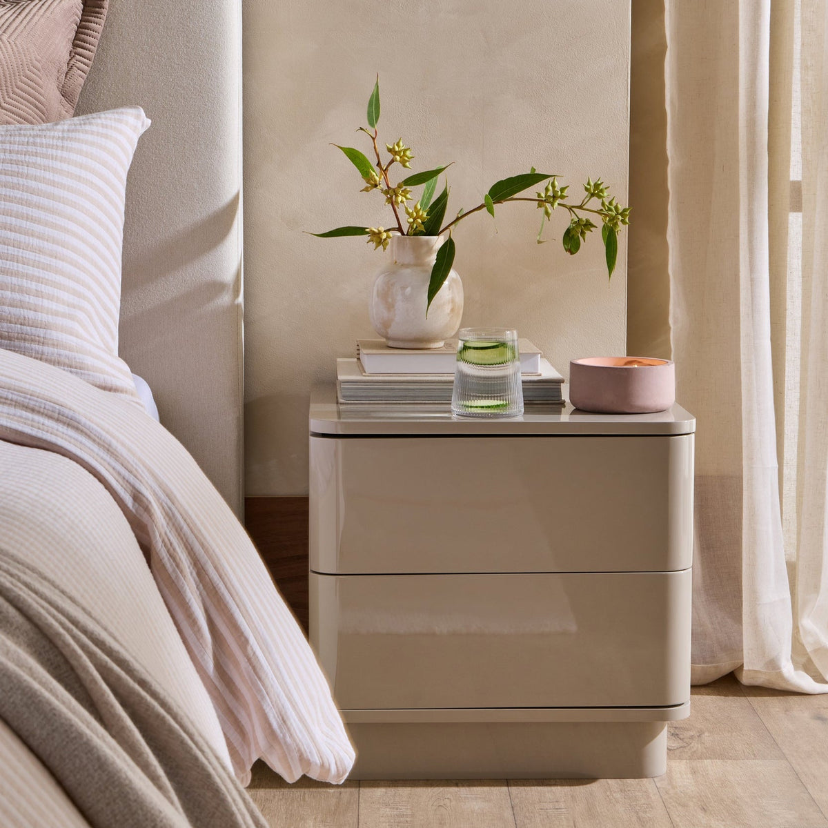 Dusklia - Romilly High Gloss 2 Drawer Bedside Table - Taupe