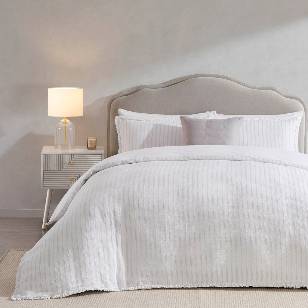 Dusklia - Saffi Stripe Jacquard 200 Thread Count Duvet Cover & Pillowcase Set - White/Grey
