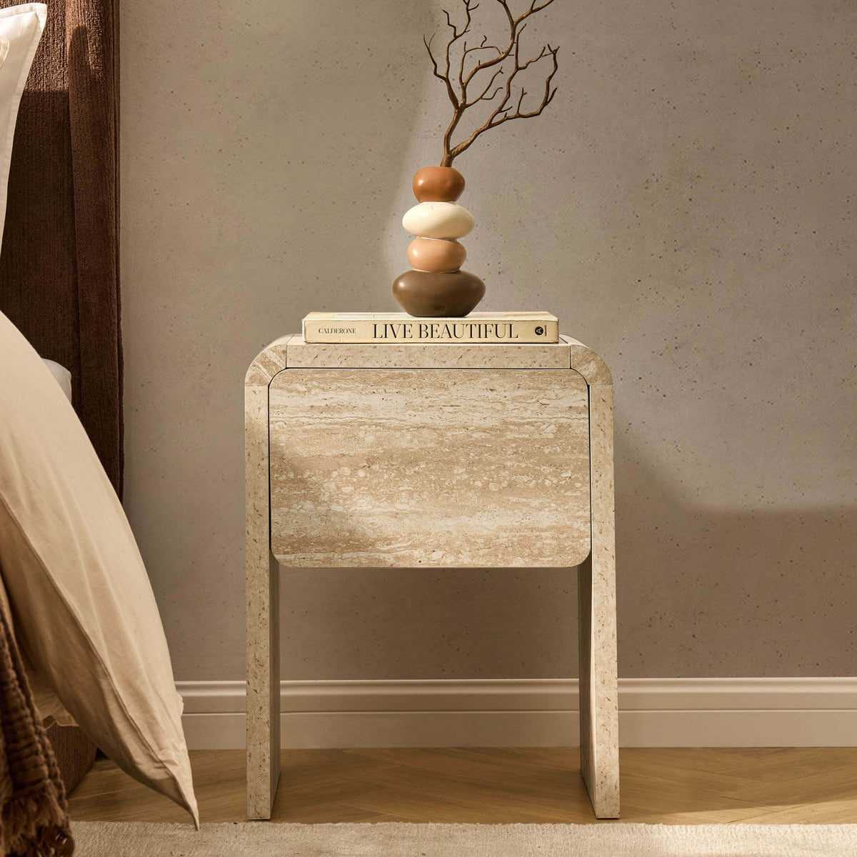 Dusklia - Samira Side Table - Travertine Effect