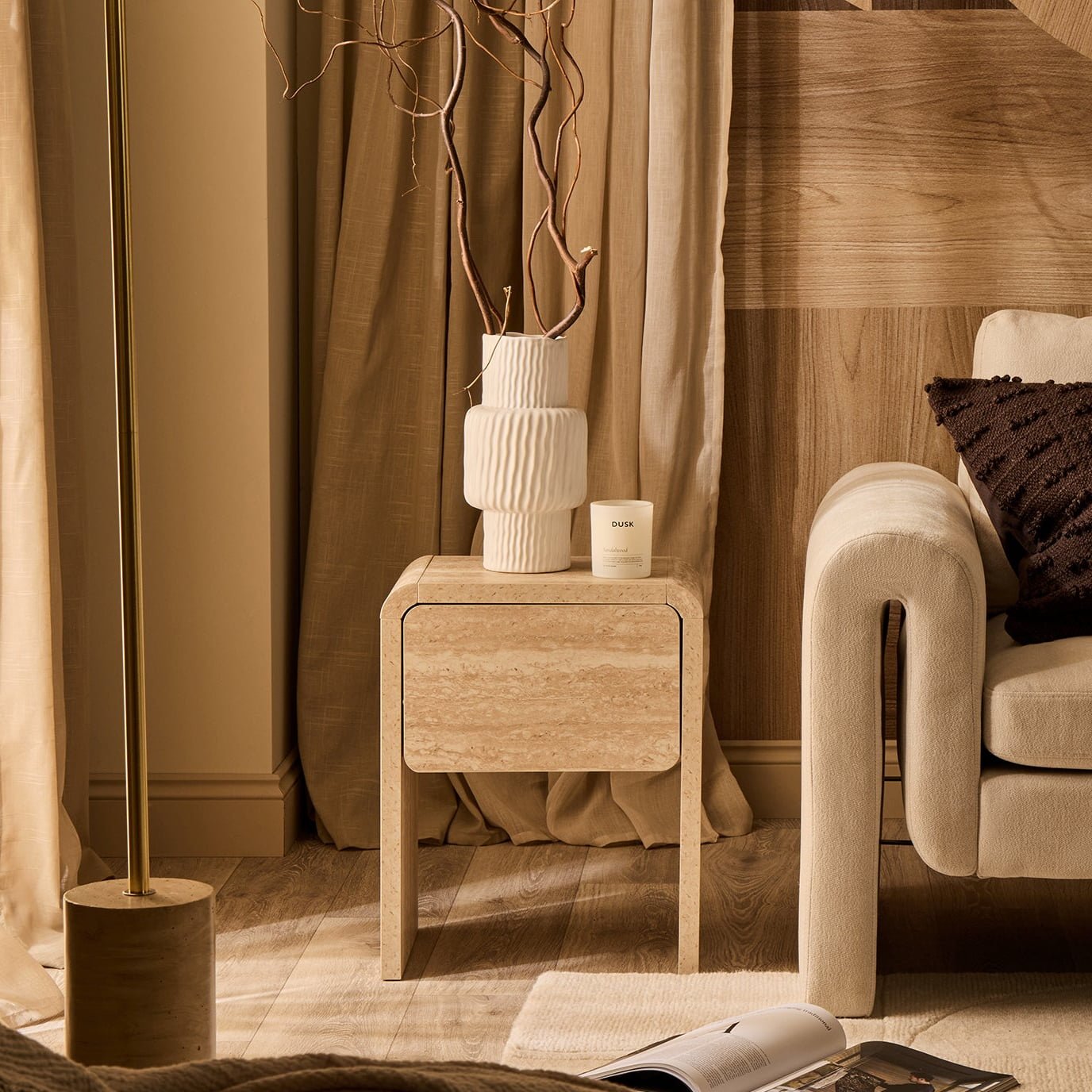 Dusklia - Samira Side Table - Travertine Effect