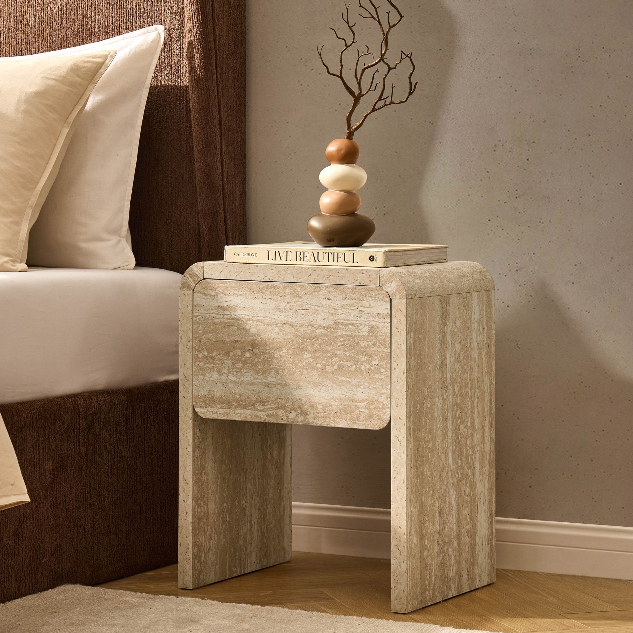 Dusklia - Samira Side Table - Travertine Effect
